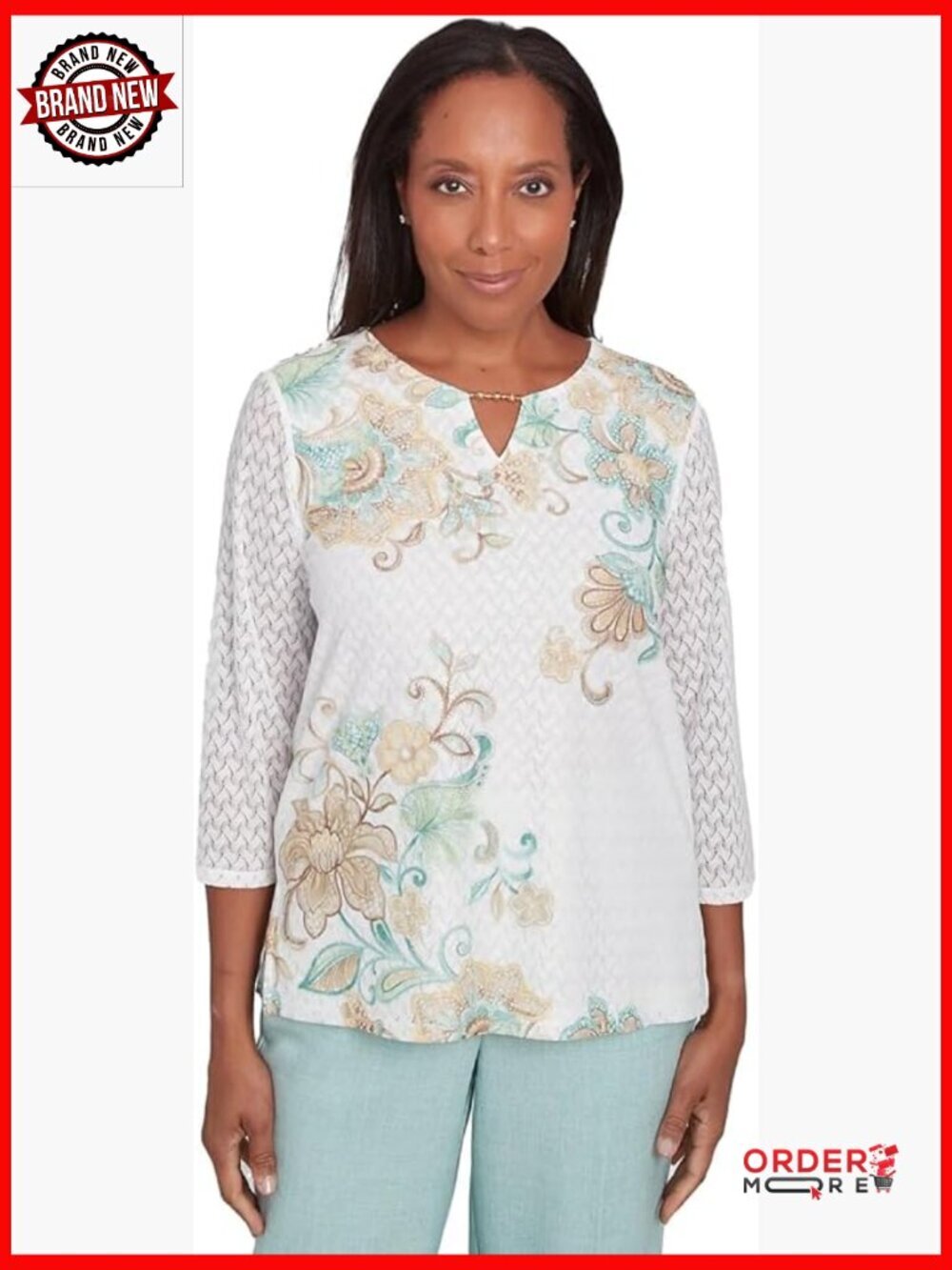 Textured Knit Scroll Top 3/4 Sleeve Crew Neck Polyester